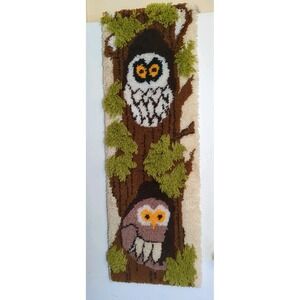 Mid Century Latch Hook Owl Rug Wall Hanging AMAZING! 15" x 48" ‎  Wood Valance